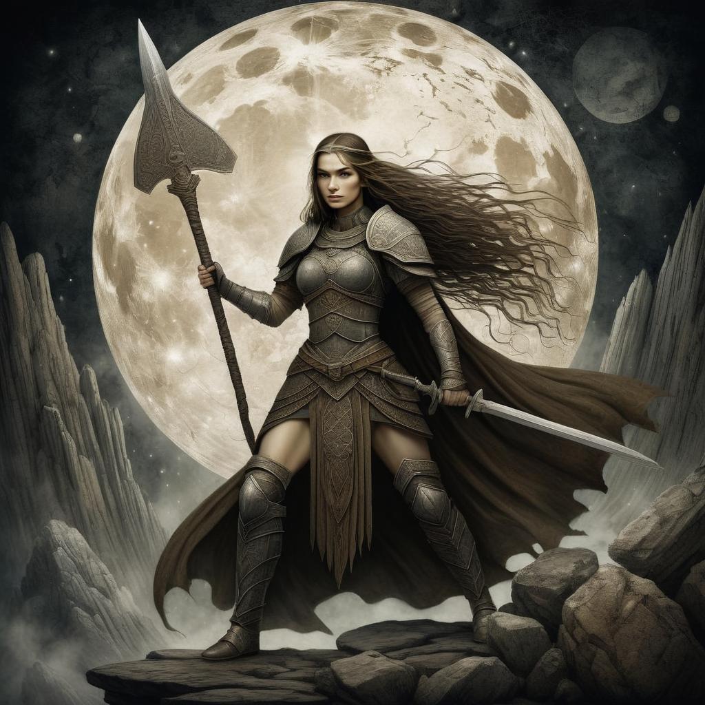 Fierce Woman Warrior in Medieval Armor Under Full Moon Fierce Woman Warrior in Medieval Armor Under Full Moon