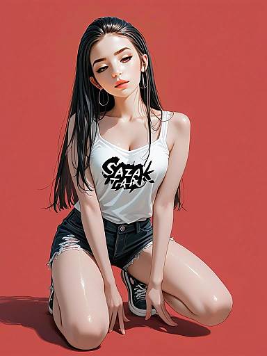 Realistic Digital Artwork of Sporty Casual Woman Kneeling on Red Background