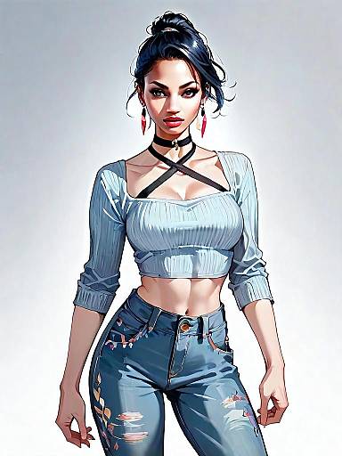 Realistic Comic Style Woman in Cropped Top and Ripped Jeans Digital Art