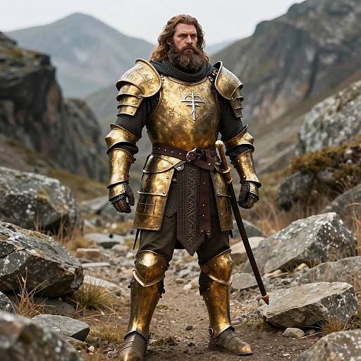 Man in Golden Medieval Armor Holding Sword in Mountain Landscape