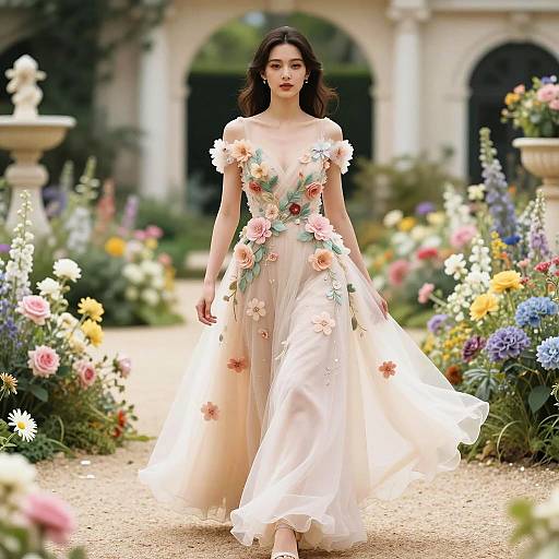 Elegant Woman in Floral Appliqué Gown Walking in Garden