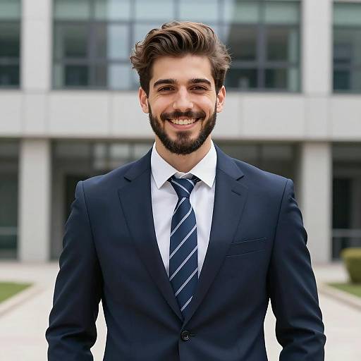 Confident Gen Z Man in Navy Blue Suit Smiling Outside Modern Office