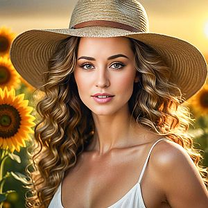 Woman in Wide-Brimmed Hat in Sunflower Field