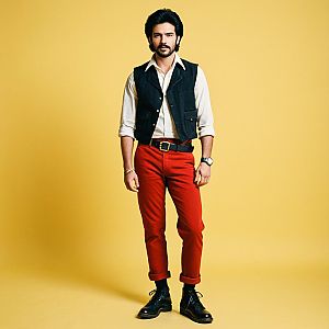 Confident Man in 80s Costume Against Yellow Backdrop