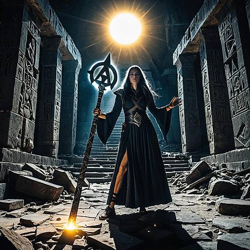 Fantasy Woman Mage with Glowing Staff in Ancient Temple