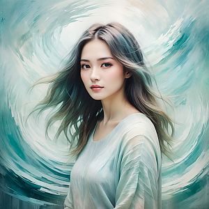 Serene Young Woman in Aqua Background