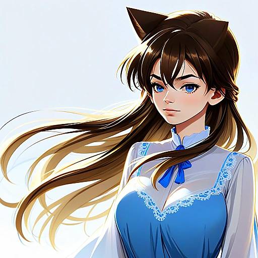 Mouri Ran Anime Style Woman with Cat Ears in Blue Dress Illustration