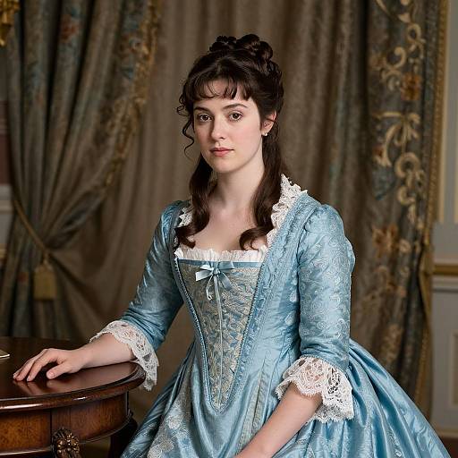 Young Woman in 18th Century Blue Satin Gown with Lace Detailing