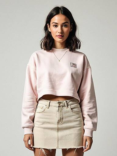 Woman Wearing Pastel Pink Cropped Crewneck Sweatshirt and Beige Denim Mini Skirt Casual Streetwear