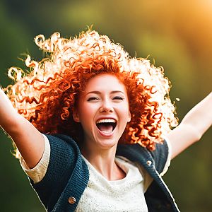 Joyful Young Woman with Red Curly Hair in Sunlight