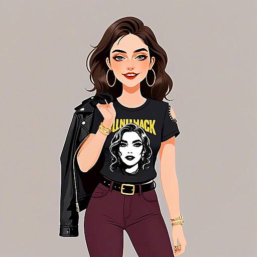 Stylish Glam Rock Woman Wearing Graphic Tee and Leather Jacket Illustration