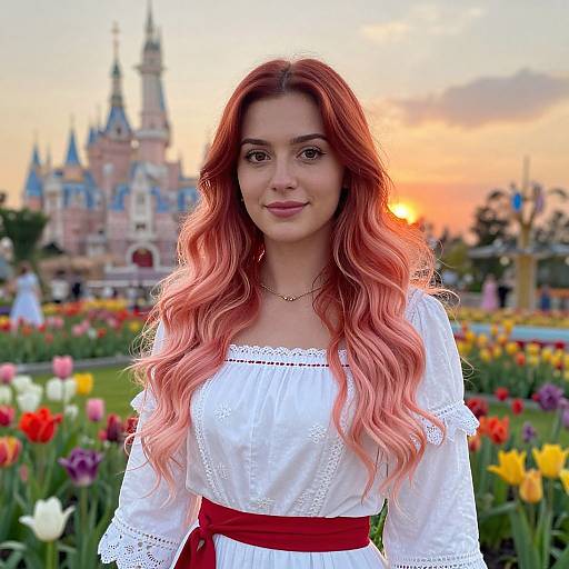 Young Woman with Pink Hair in Vintage Dress at Sunset by Castle and Tulip Garden
