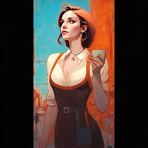 Digital Painting of Woman Holding Cup with Orange and Blue Background