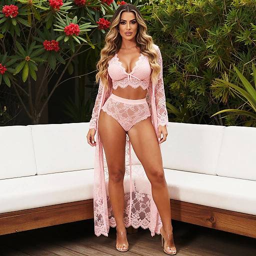 Woman Modeling Pink Lace Lingerie Set with Sheer Robe Outdoors