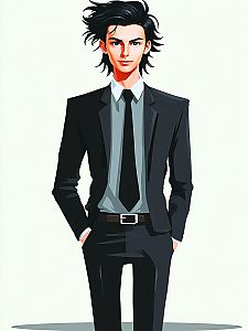 Confident Young Man in Black Suit - Anime Style