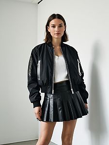 Fashionable Woman Wearing Black Bomber Jacket and Pleated Leather Skirt
