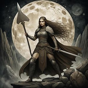 Fierce Woman Warrior in Medieval Armor Under Full Moon