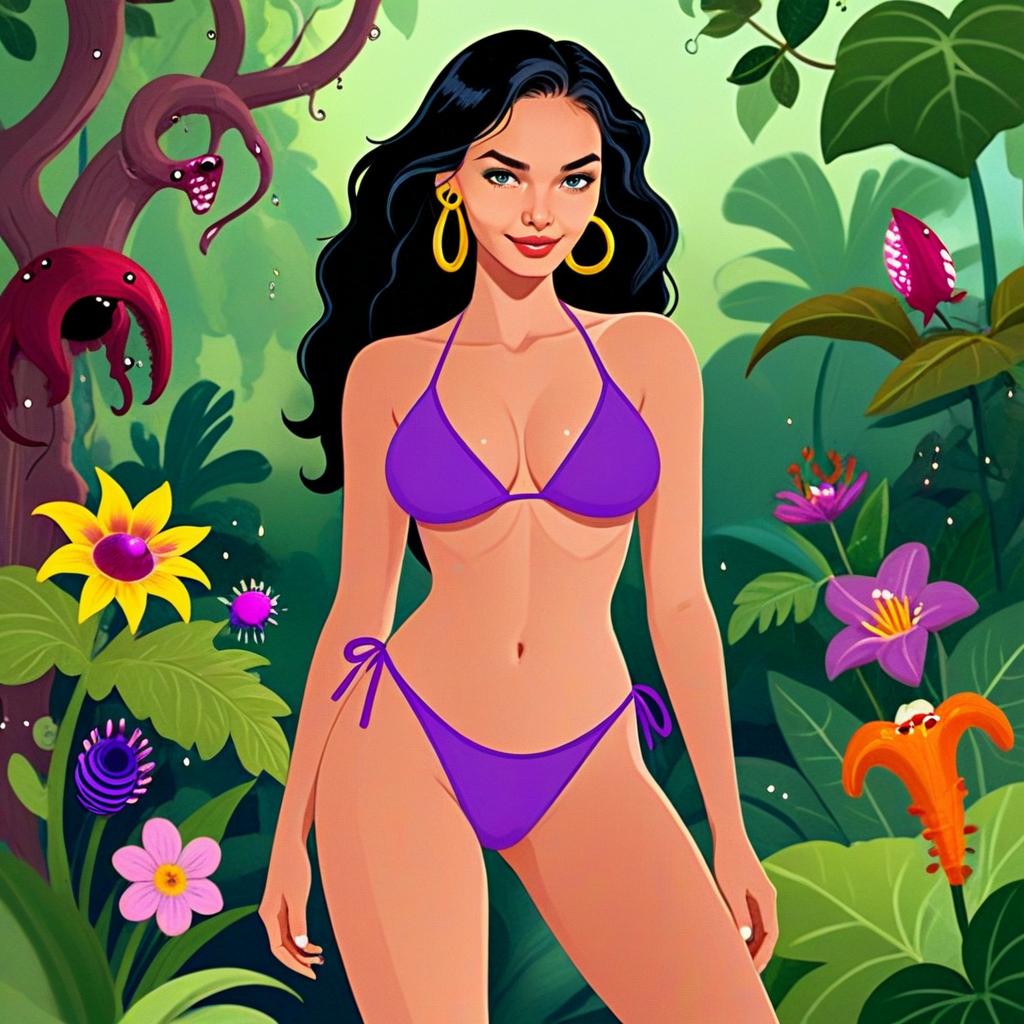 Stylized Digital Art of Woman in Purple Bikini in Tropical Jungle