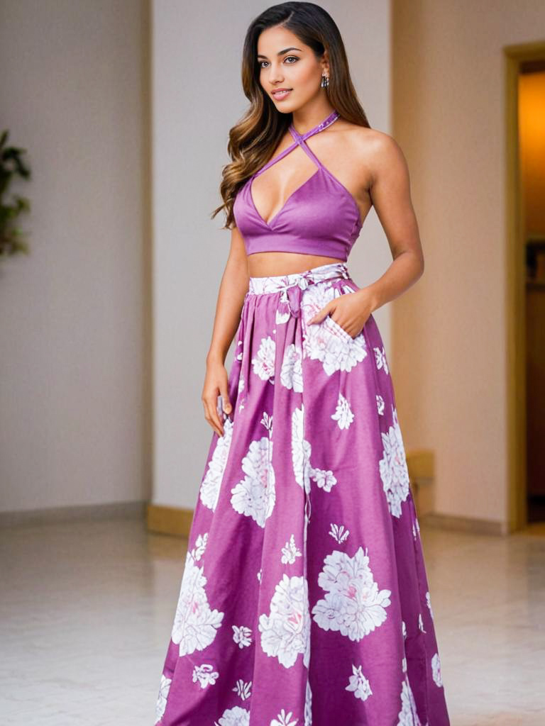 Stylish Woman in Floral Purple Outfit