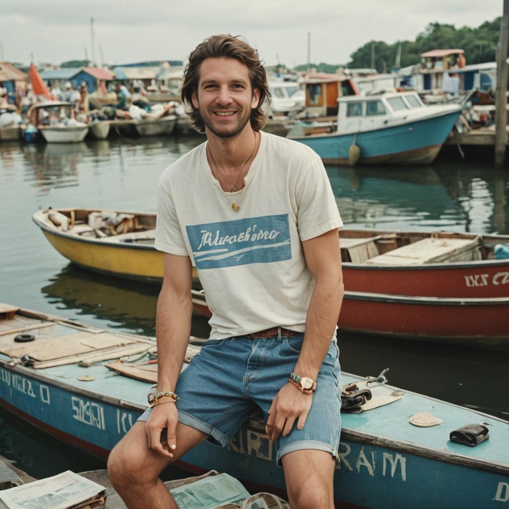 Man Relaxing by Scenic Harbor with Boats