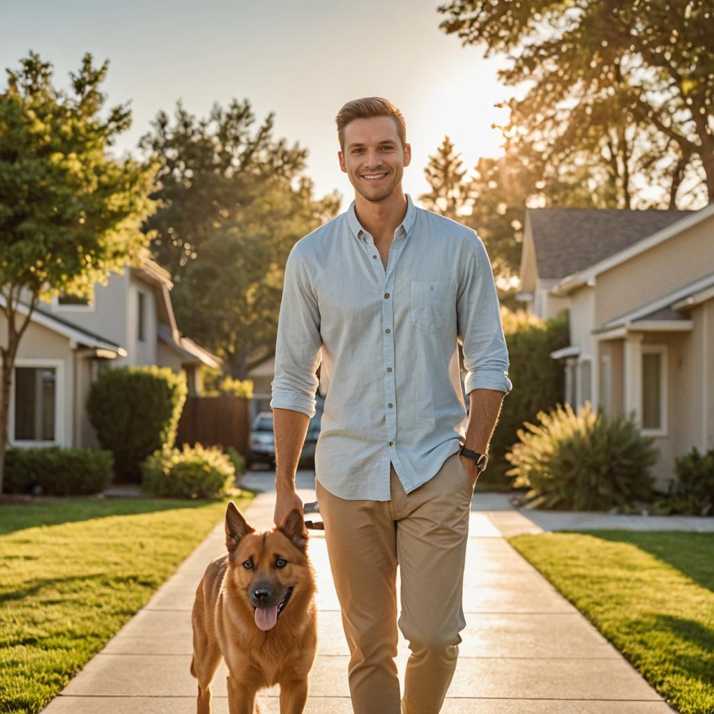 Smiling man walking dog in suburb