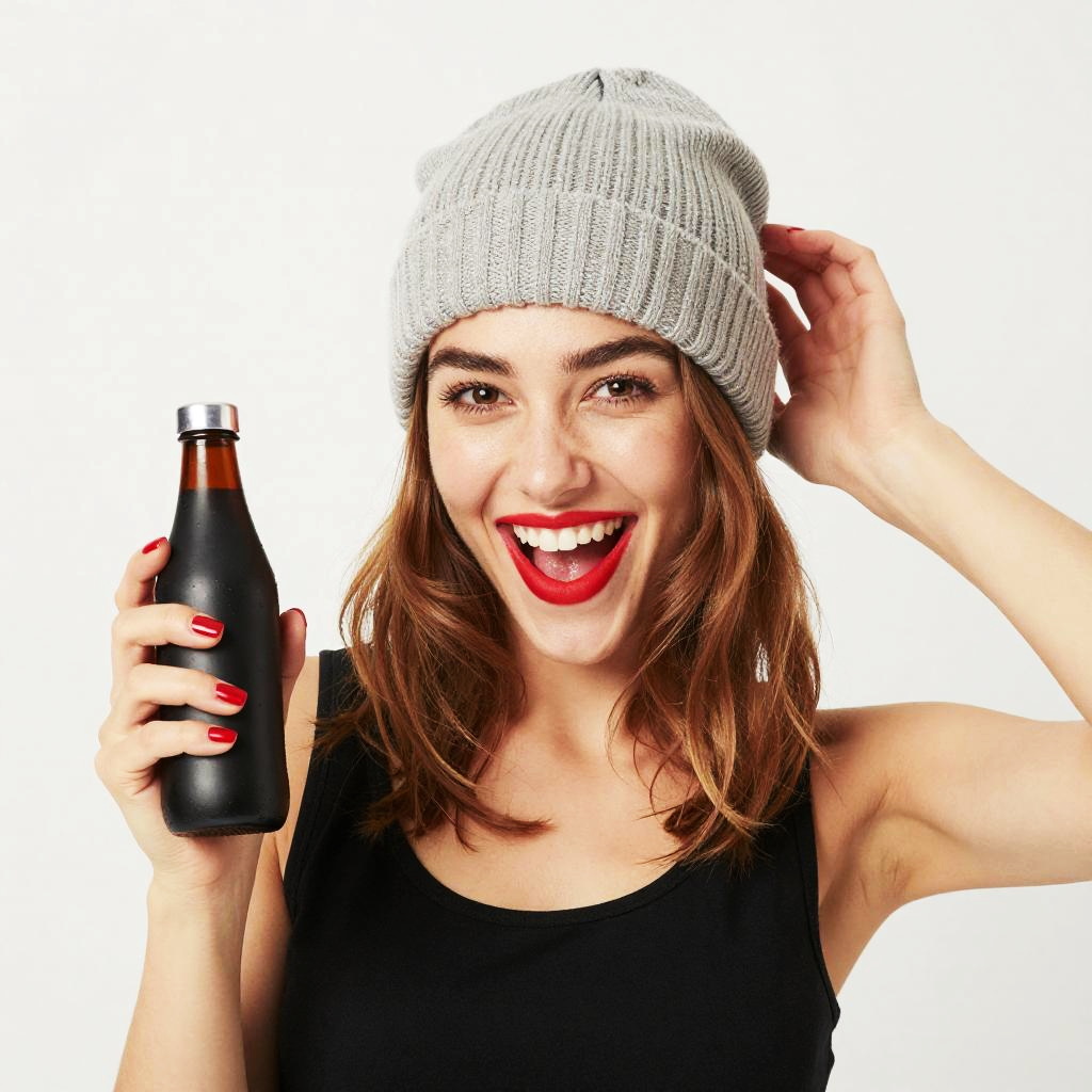 Happy Young Woman in Beanie Holding Dark Glass Bottle with Red Lipstick