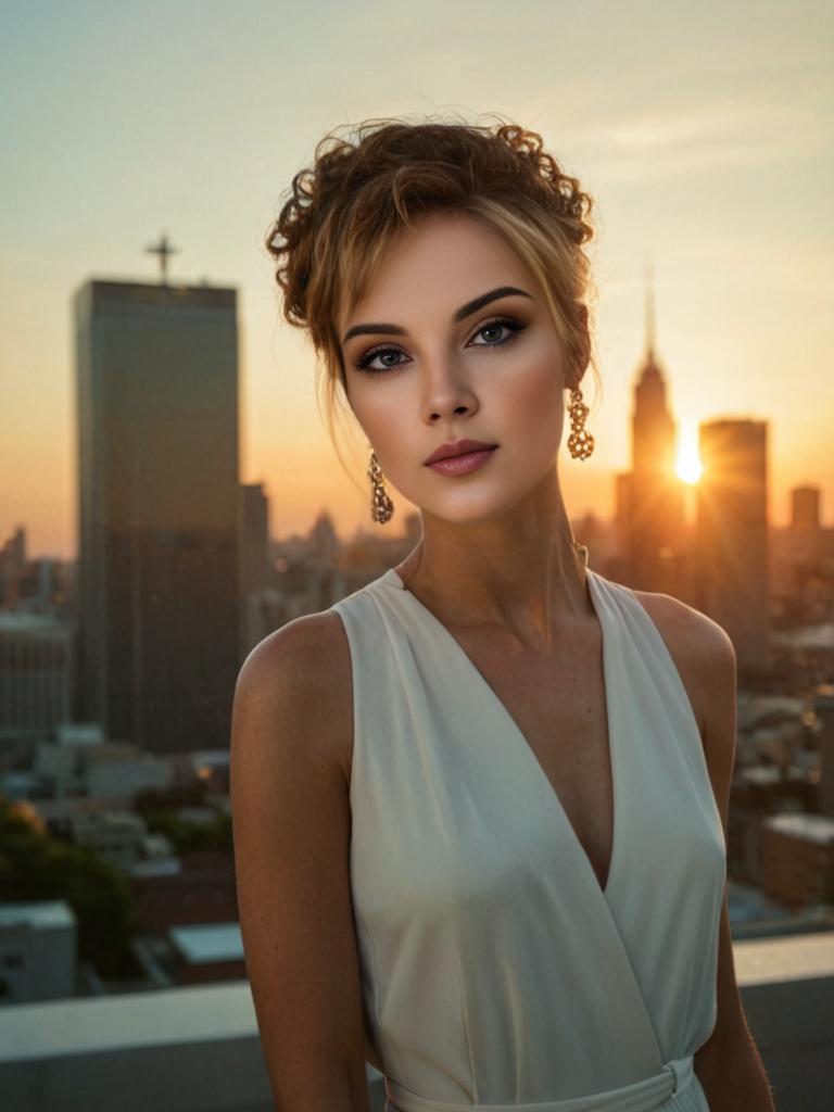 Elegant Woman with Updo and Earrings Against City Skyline at Sunset