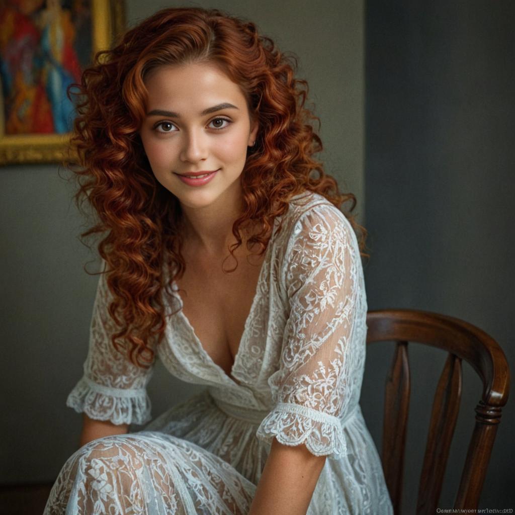 Elegant Woman in Lace Dress on Wooden Chair