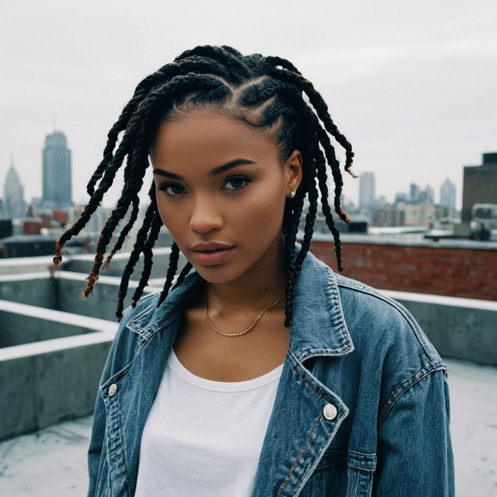 Confident Young Woman with Braided Hair on Urban Rooftop Wearing Denim Jacket