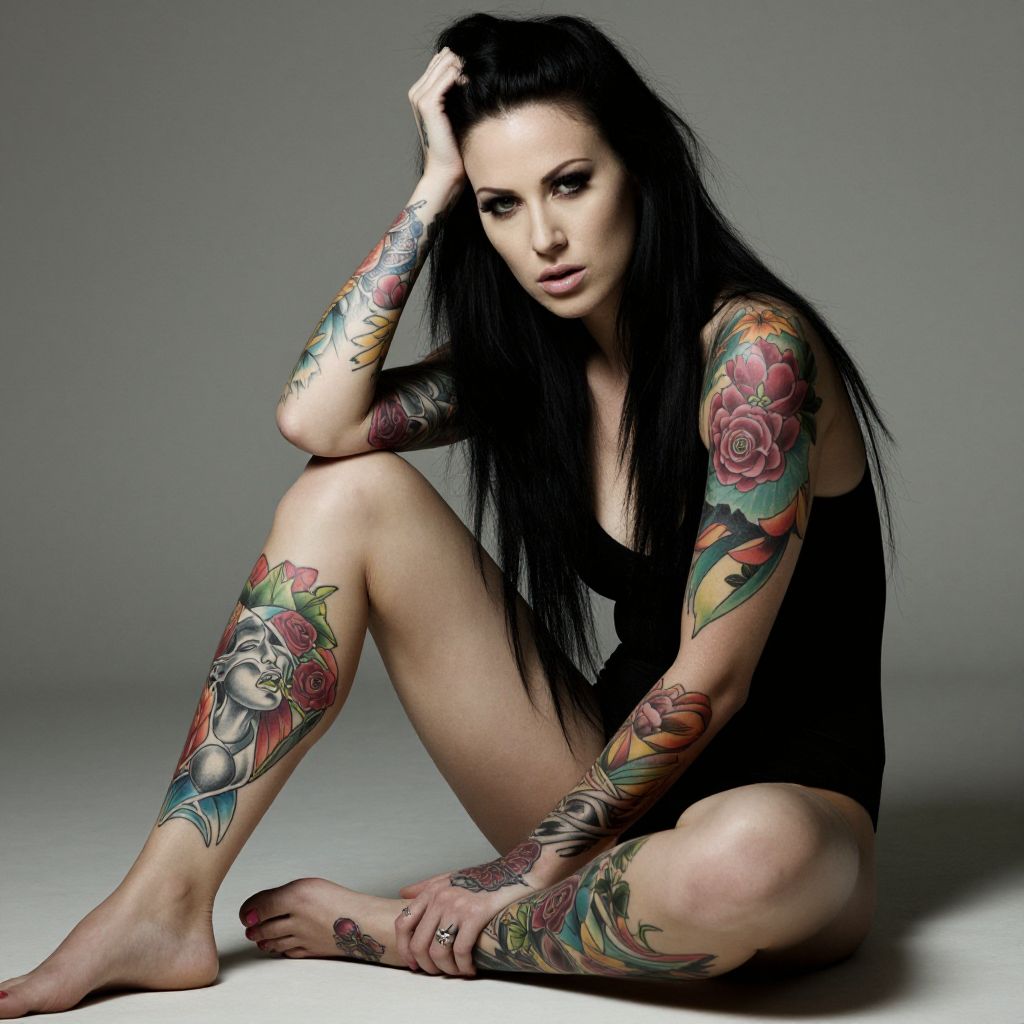 Tattooed Woman Sitting with Colorful Floral and Portrait Tattoos