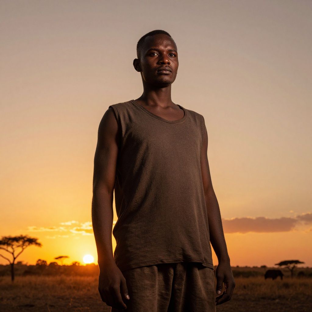 Young Man Standing in African Savannah at Sunset