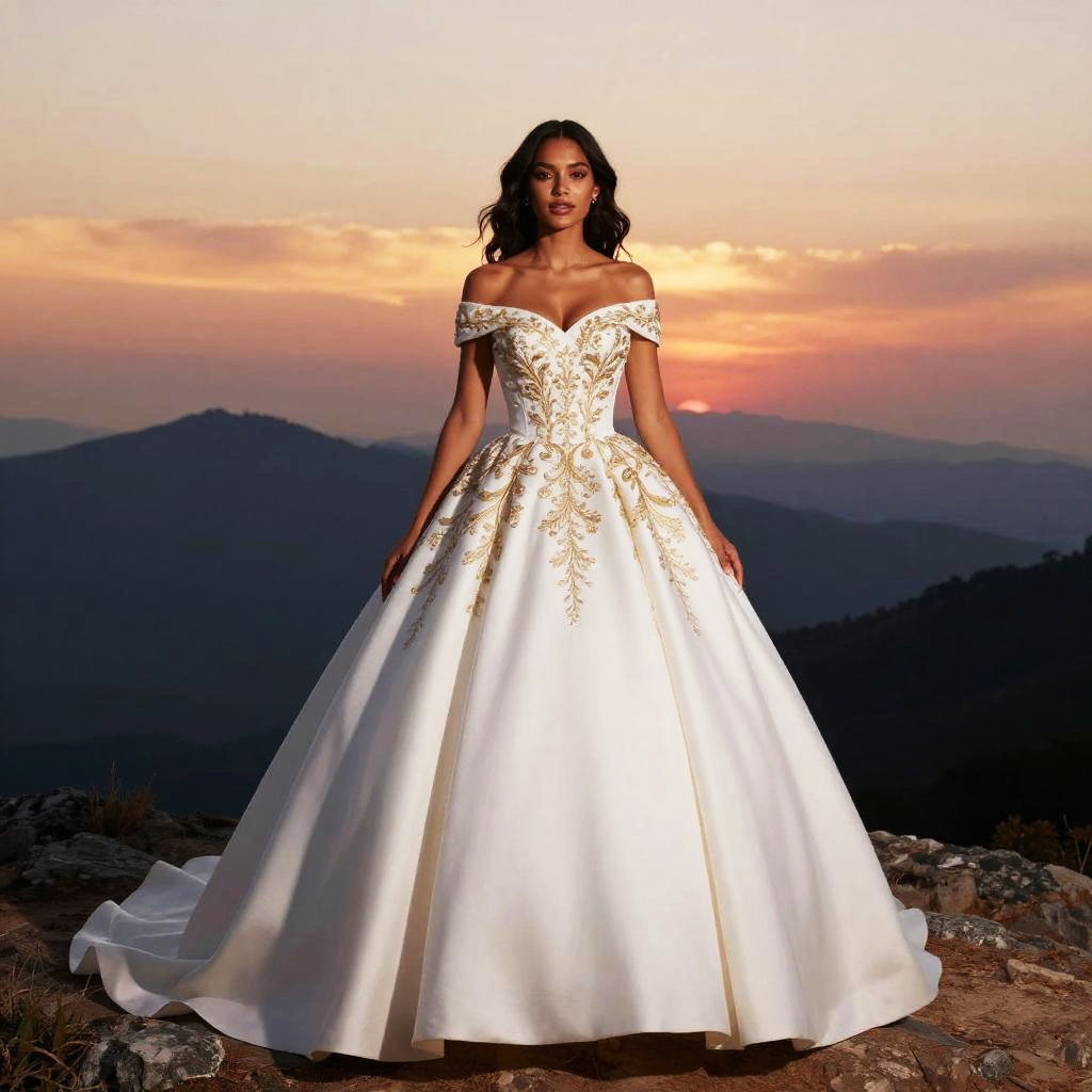 Elegant Off-Shoulder Ball Gown with Gold Embroidery at Sunset