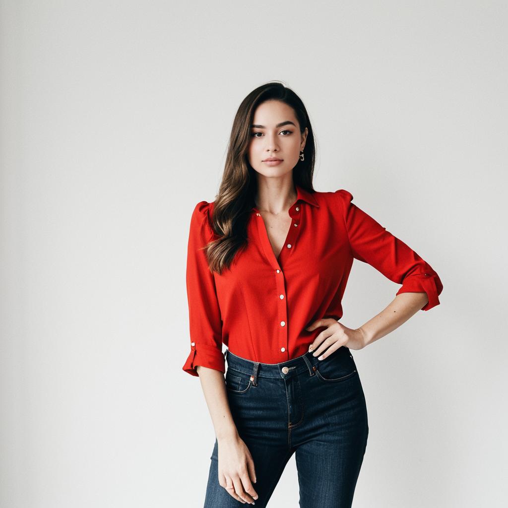 Confident Woman in Red Blouse and Jeans