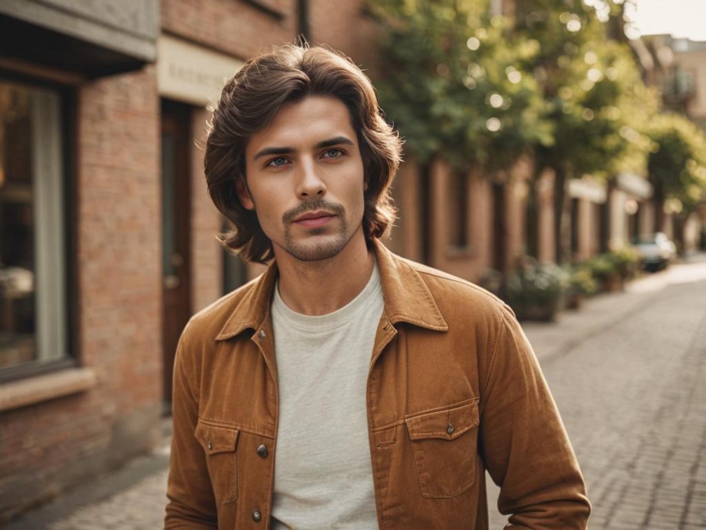 Confident man with 70s hairstyle in urban setting