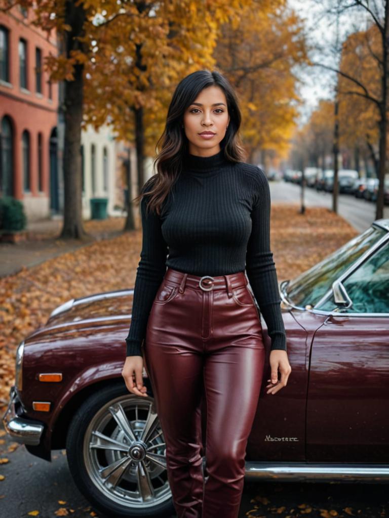 Stylish Woman in Front of Vintage Car with Autumn Foliage