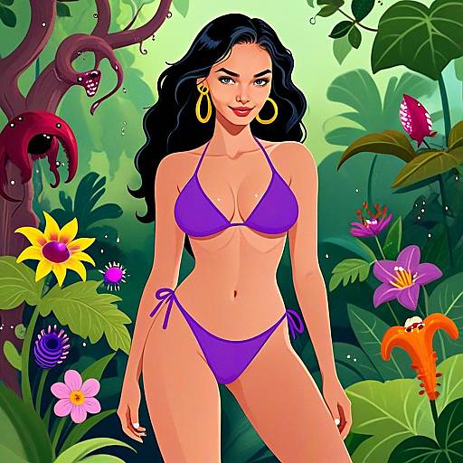 Stylized Digital Art of Woman in Purple Bikini in Tropical Jungle