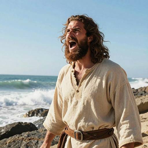 Bearded Man in Tunic Shouting by Rocky Ocean Beach