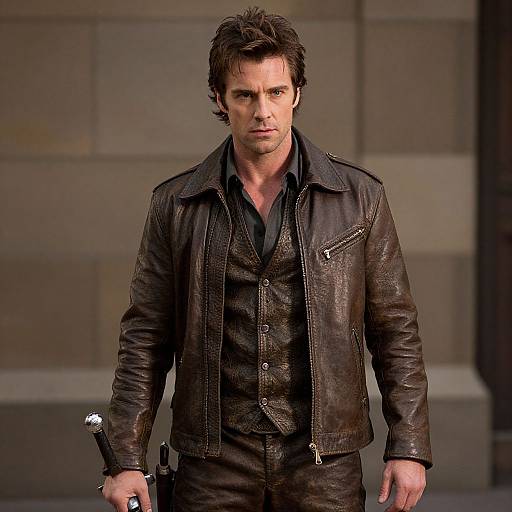 Man in Brown Leather Jacket Holding Sword Vllm2603252328syfk