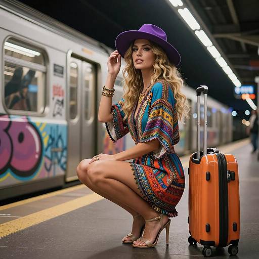 Stylish Woman in Bohemian Dress and Purple Hat Waiting at Subway Station with Orange Suitcase