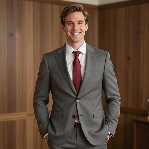 Joyful Young Man in Grey Suit with Red Tie in Office Setting