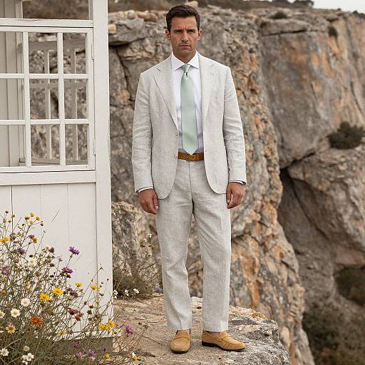 Man in Light Gray Suit with Green Tie on Rocky Cliffside
