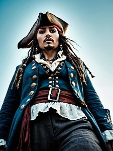 Woman in Jack Sparrow Costume Cinematic Realism Dramatic Low Angle Portrait