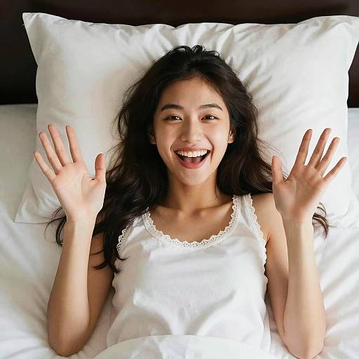 Happy Young Woman in Bed Smiling and Waving - Gen Z Lifestyle