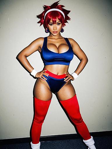 Cosplay Woman in Dirty Pair Inspired Blue and Red Outfit with Spiky Red Hair