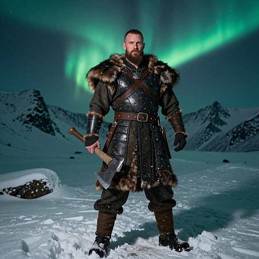 Viking Warrior in Traditional Armor Under Northern Lights in Snowy Mountains