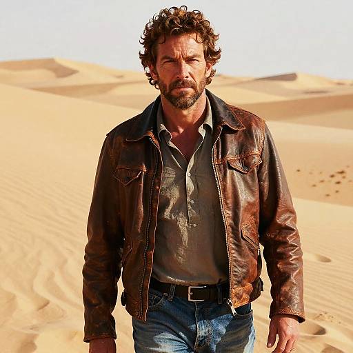 Man in Vintage Leather Jacket in Desert Landscape