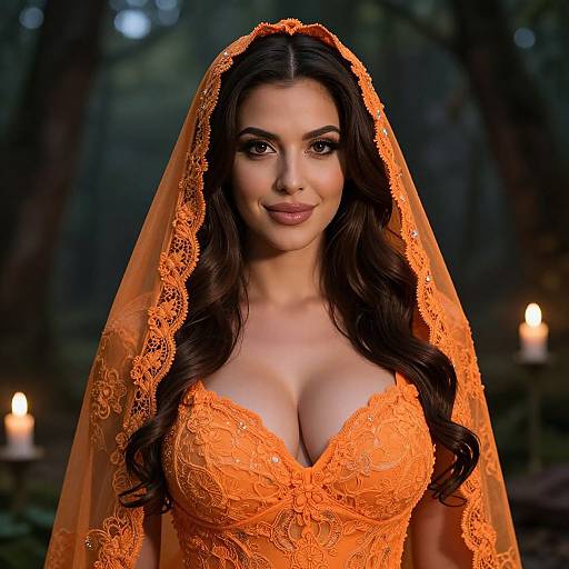 Beautiful Woman in Orange Lace Dress with Veil in Candlelit Forest