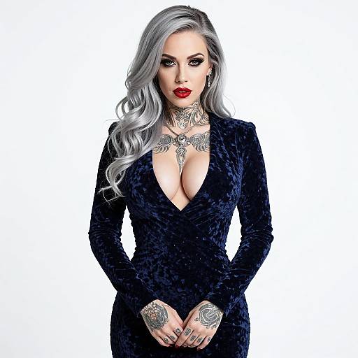Glamorous Woman with Silver Hair and Tattoos in Blue Velvet Dress