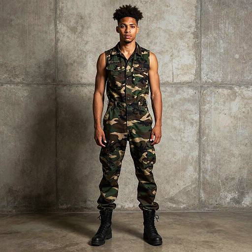 Young Man in Sleeveless Camouflage Jumpsuit and Combat Boots