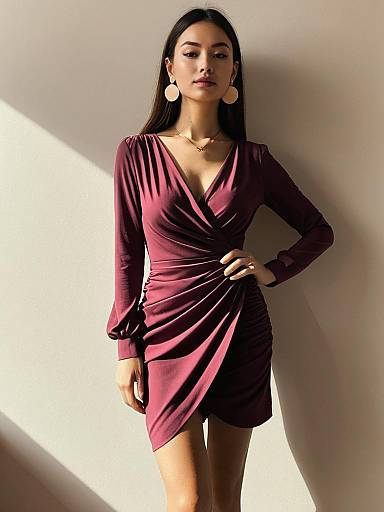 Elegant Woman in Ruched Wrap Dress with V-Neckline in Fuchsia